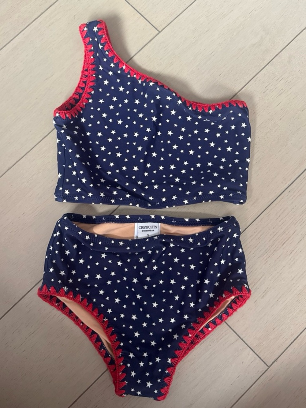 Crewcuts Navy Star One-Shoulder Bikini Set with Red Trim
